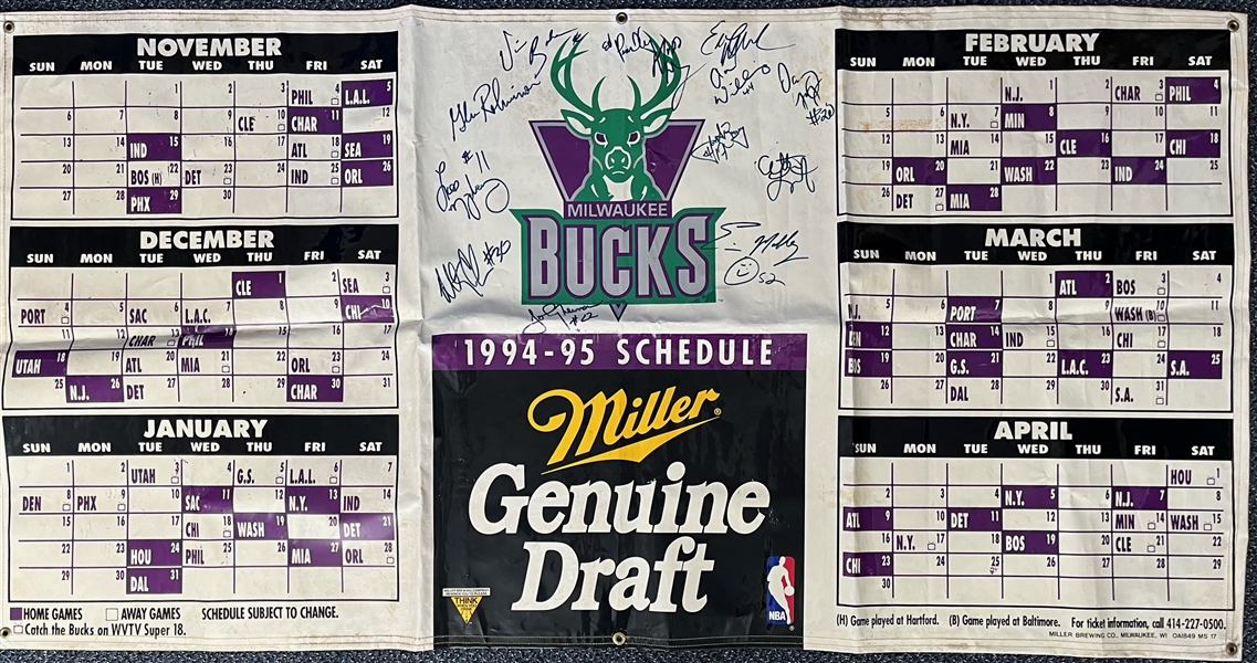 1994-95 Milwaukee Bucks Team Signed 37" x 70" MGD Schedule Banner w/ 13 Signatures Including Glenn Robinson, Vin Baker, Todd Day & More (JSA)