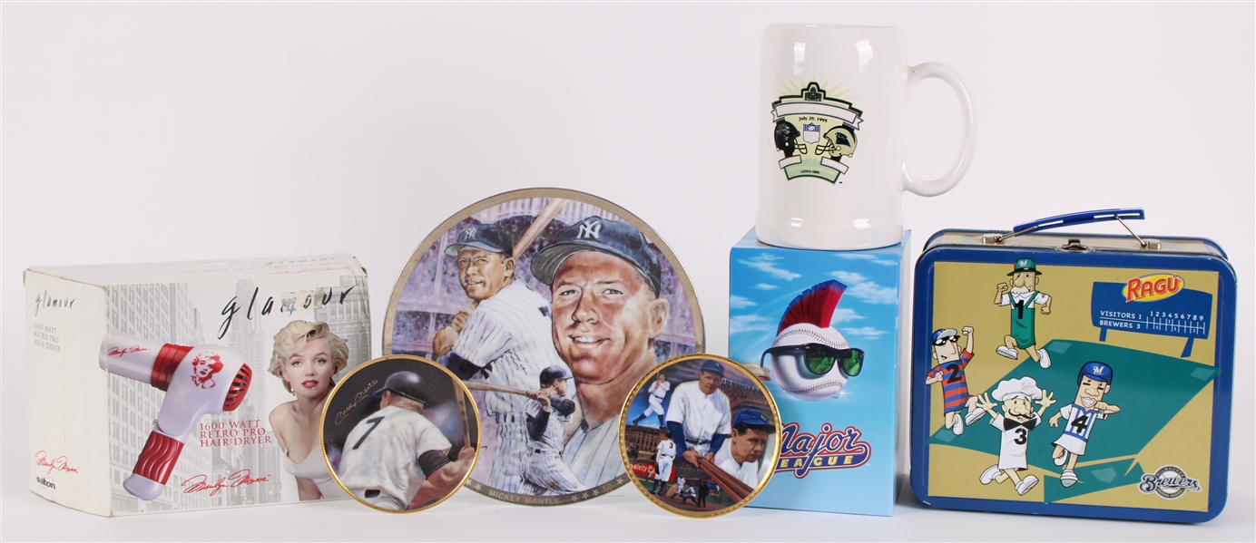 1990s-2020s Baseball Football Hollywood Memorabilia Collection - Lot of 7 w/ Sports Impressions Plates, MIB Bob Uecker Harry Doyle Major League Bobble & More