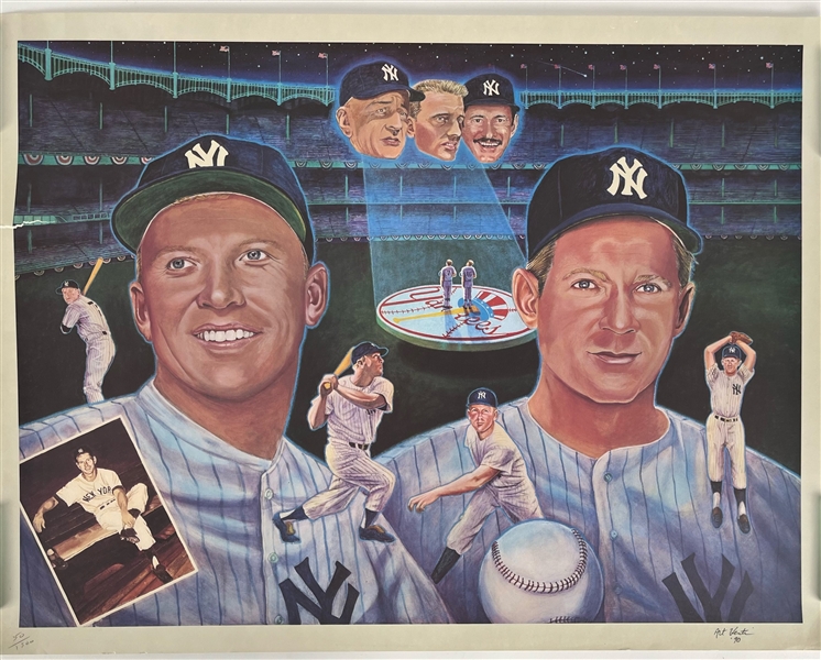 1990 Mickey Mantle Whitey Ford New York Yankees Legends 24" x 32" Artist Signed Lithograph