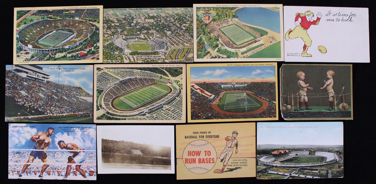 1900s-60s Postcard Collection - Lot of 12 w/ Football Stadiums, Jack Dempsey Knocks Out Jess Willard & More