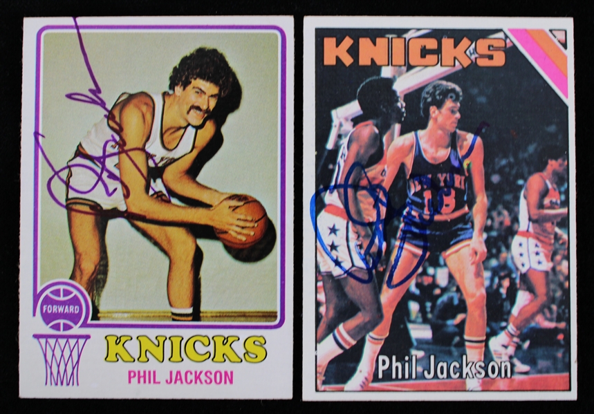 1973-76 Phil Jackson New York Knicks Signed Topps Basketball Trading Cards - Lot of 2 (JSA)