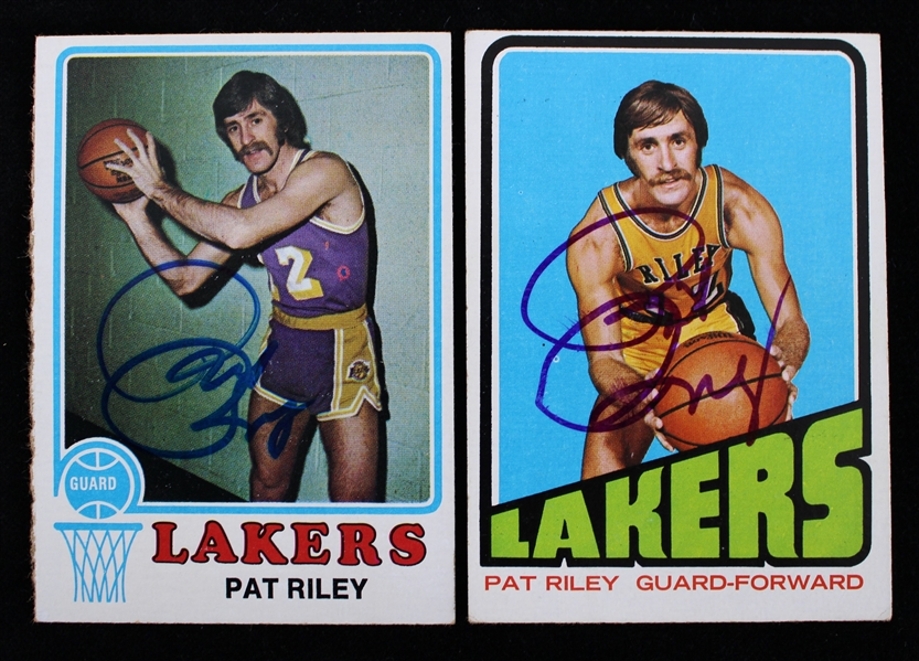 1972-73 Pat Riley Los Angeles Lakers Signed Topps Basketball Trading Cards - Lot of 2 (JSA)