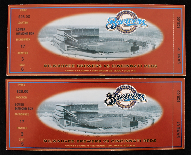 2000 Cincinnati Reds vs Milwaukee Brewers Full Tickets (Last Game at Milwaukee County Stadium) (Lot of 2)