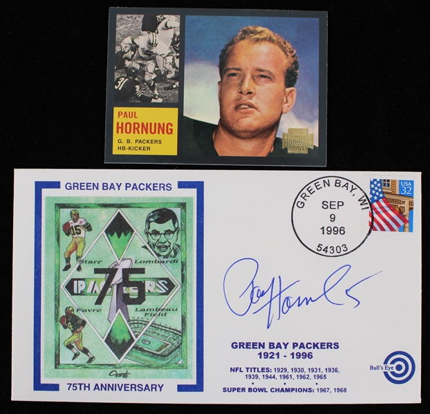 1996-2001 Paul Hornung (d.2020) Green Bay Packers Signed Envelope and Topps Trading Card (JSA) (Lot of 2)