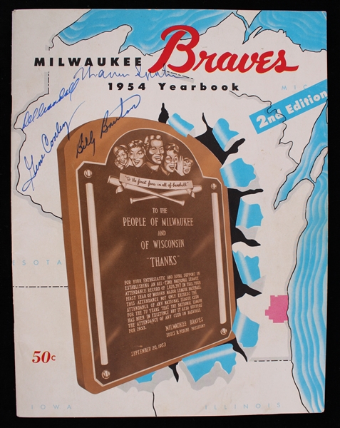 1954 Warren Spahn Billy Burton Del Crandall and Gene Conley Milwaukee Braves Signed Yearbook (JSA)