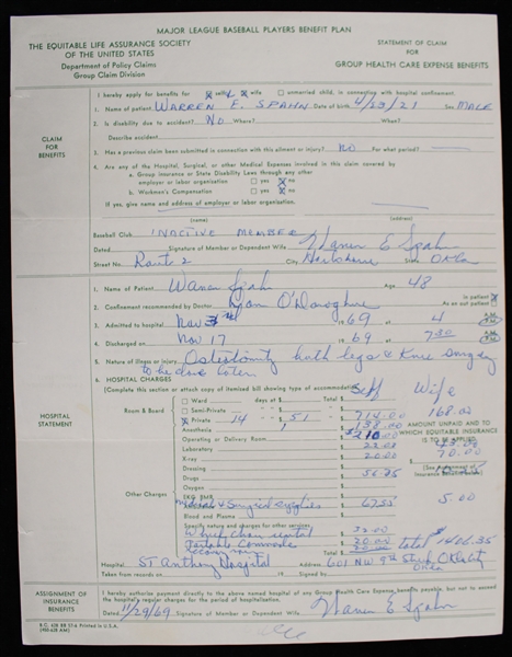 1969 Warren Spahn Milwaukee Braves Signed MLB Players Benefit Plan Form (JSA)