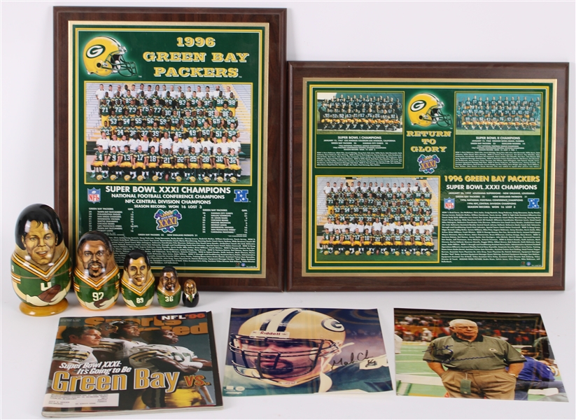 1996 Green Bay Packers Memorabilia - Lot of 6 w/ 13" x 16" Super Bowl Champion Team Photo Displays, Nesting Doll, Signed Photos & More (JSA)