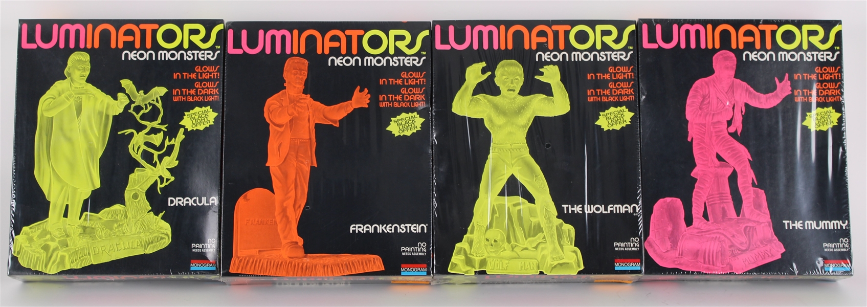 1991 Luminators Neon Monsters MIB Model Kits - Lot of 4 w/ Dracula, The Wolfman, Frankenstein & The Mummy