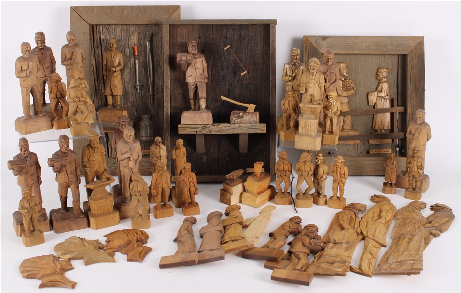 1940s-50s R.A. Struck Carved Wooden Figure Collection w/ 10x17 Framed Pieces (Lot of 50+)