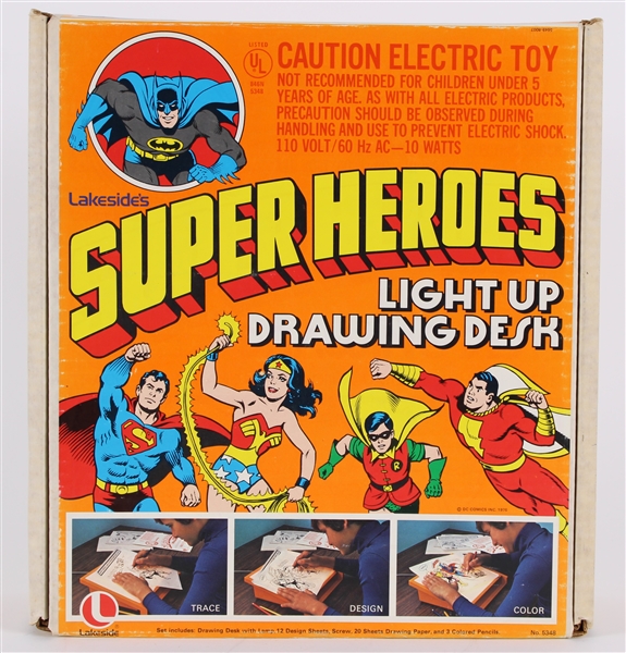 1976 High Grade DC Comics Superheroes MIB Light Up Drawing Desk by Lakeside "Featuring Batman, Superman, Wonder Woman, and Shazam!"