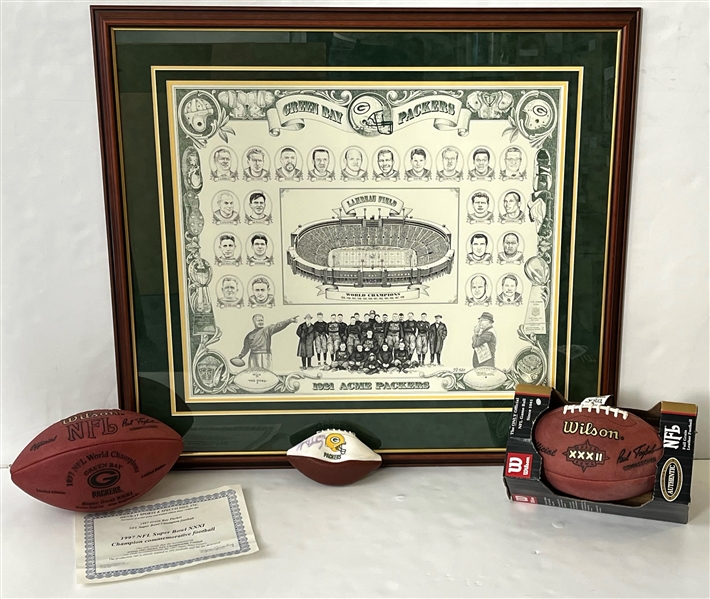 1990s Green Bay Packers 32x35 Framed 1921 ACME Packers w/ Superbowl Footballs (Lot of 4)