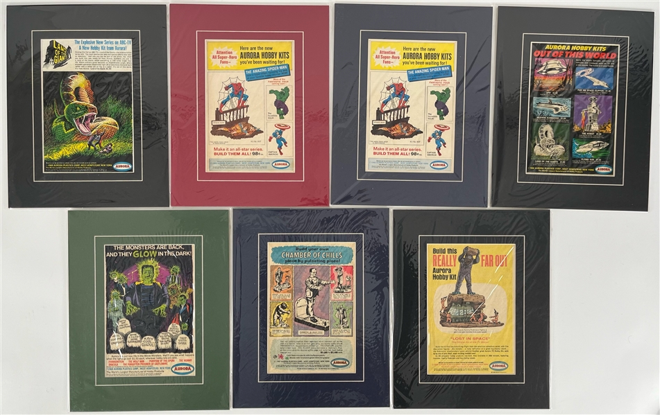 1966-69 Aurora Hobby Kits 11" x 14" Matted Advertisements - Lot of 7 w/ Superheroes, Glow In The Dark Monsters & More