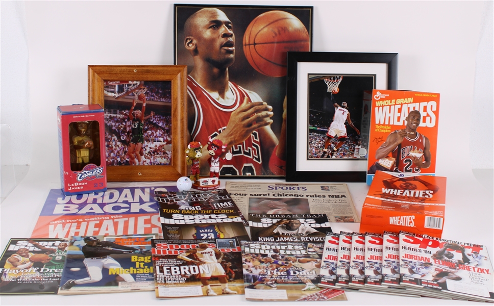 1990s-2010s Basketball Memorabilia Collection - Lot of 24 w/ Michael Jordan Golf Ball, Wheaties Boxes, Sports Illustrated, & More  