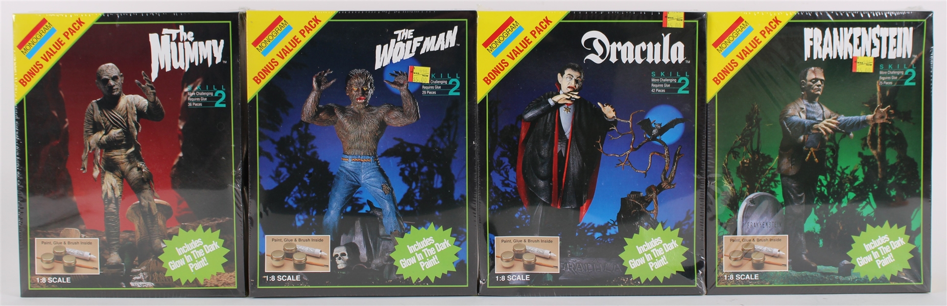 1994 Mummy, Wolfman, Dracula, Frankenstein 12x9x4 Monogram Plastic Model Kits (Lot of 4)(MIB) 