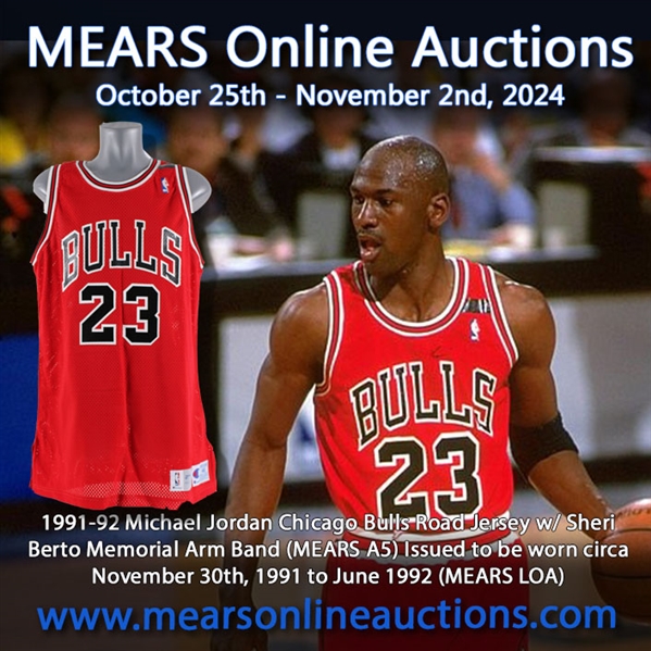 1991-92 Michael Jordan Chicago Bulls Road Jersey w/ Sheri Berto Memorial Arm Band (MEARS A5) Issued to be worn circa November 30th, 1991 to June 1992