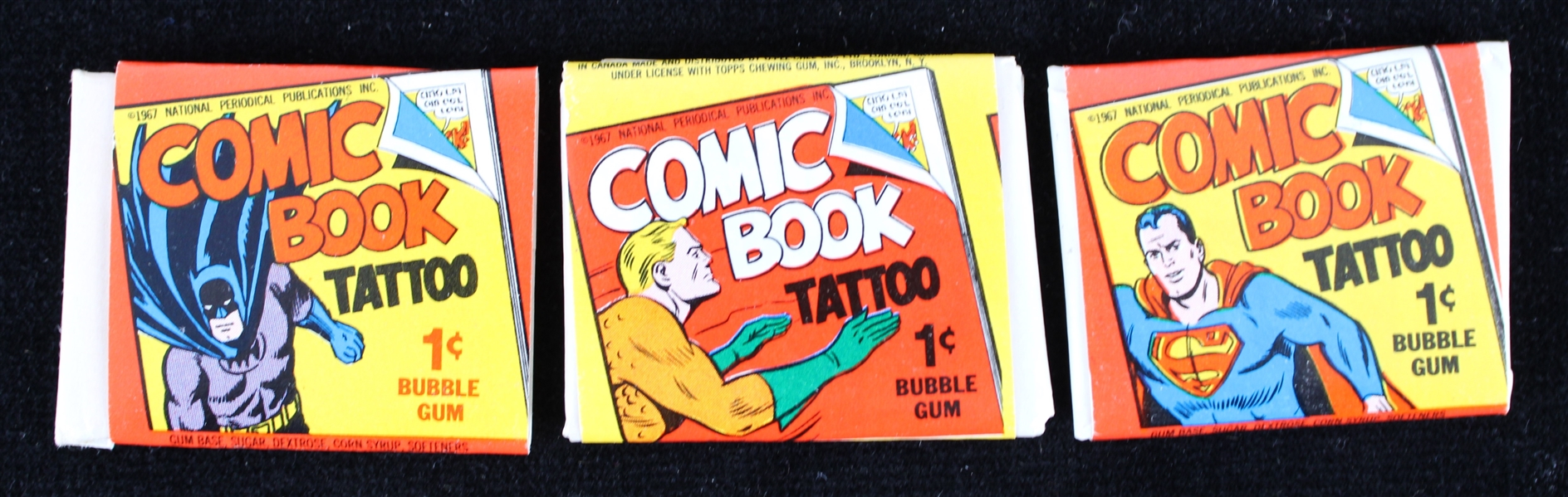 1967 Superman Batman and Aquaman Cent Comic Book Tattoo and Bubble Gum (Lot of 3)