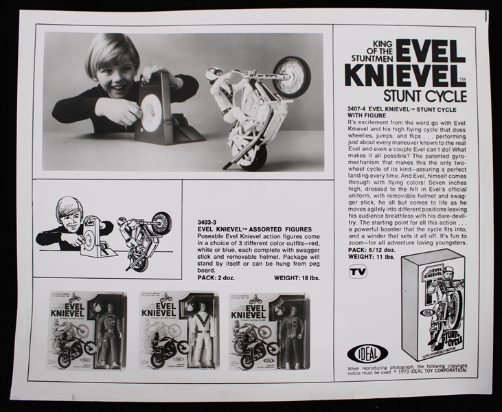 1973 Evil Knievel Stunt Cycle and Figurines Promotional 8"x10" B&W Flyer