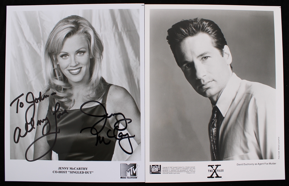 1990s Jenny McCarthy TV Host Signed Photo and David Duchovny Actor 8x10 B&W Photos (Lot of 2) (JSA)