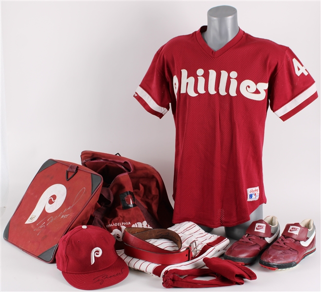 1991 Terry Mulholland Philadelphia Phillies Multi Signed Complete Uniform w/ Batting Practice Jersey, Pants, Shoes, Cap, Equipment Bag & More (MEARS LOA/JSA/Player Letter)