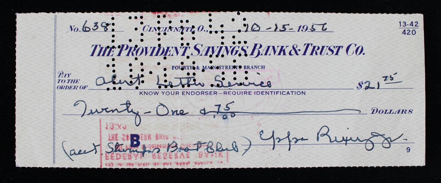 1956 Eppa Rixey Jr Philadelphia Phillies Signed Check (JSA)