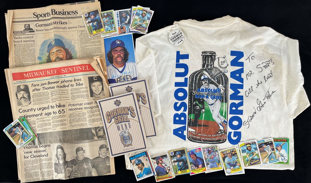 1980s-90s Gorman Thomas Milwaukee Brewers Memorabilia Collection - Lot of 65 w/ Trading Cards, Newspapers, Signed T-Shirt & More