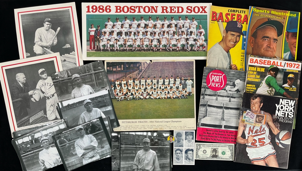 1910s-80s Baseball Basketball Football Memorabilia Collection - Lot of 50 w/ Vintage Photography (Babe Ruth, Ty Cobb), Publications, Yellow HOF Postcards & More