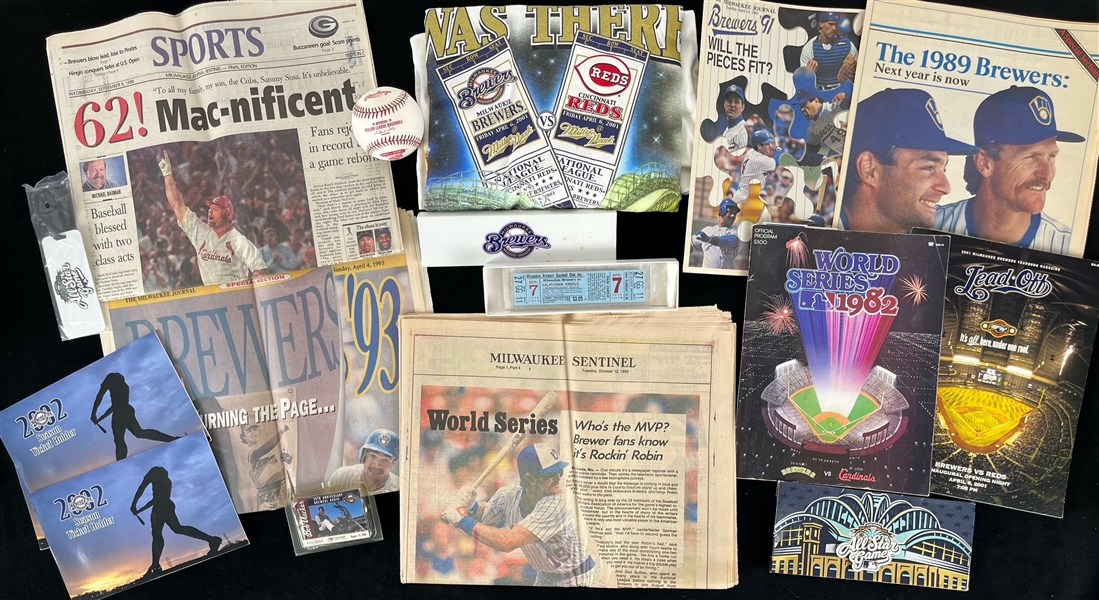 1970-2000s Milwaukee Brewers Memorabilia Collection - Lot of 20 w/ Ticket From First Game In Franchise History, Publications, Bob Uecker Keychain & More