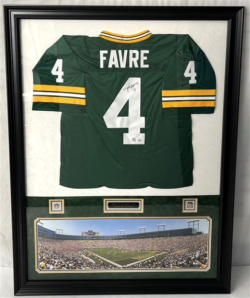 1992-2007 Brett Favre Green Bay Packers Signed Jersey w/ Lambeau Field Photo in 40x53 Frame (Favre Hologram/PSA/DNA) 