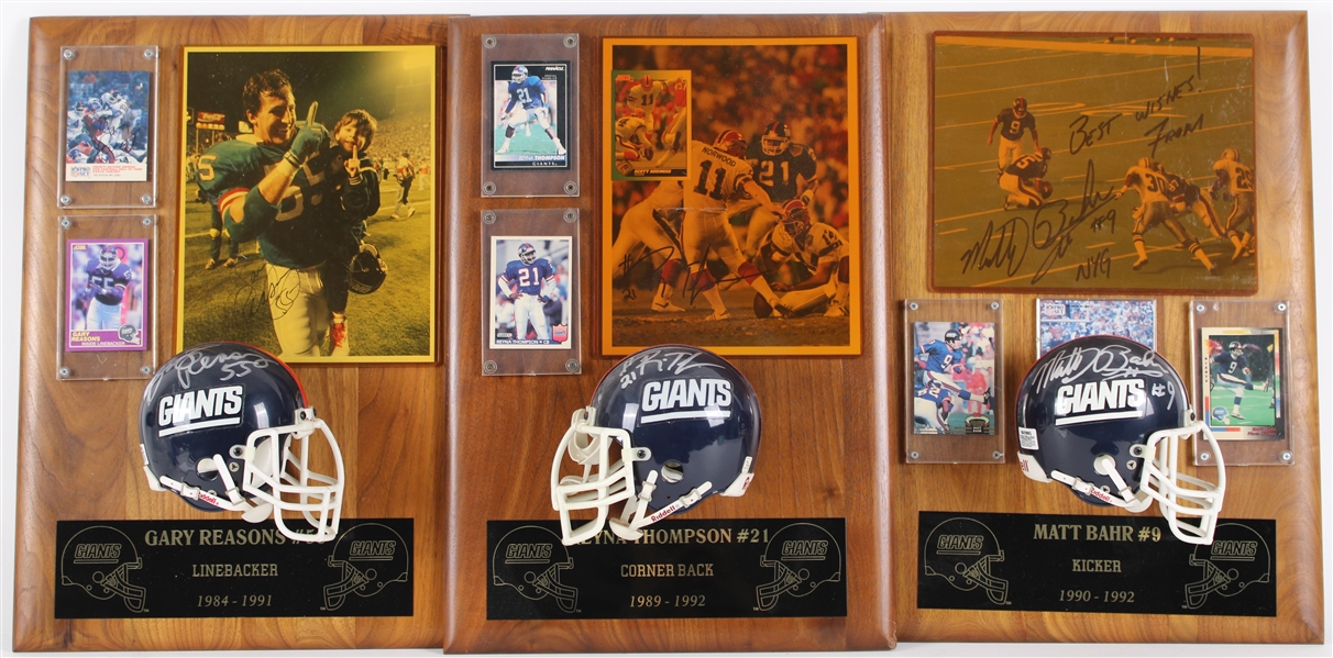 1984-1992 Gary Reasons, Thompson, Bahr NY Giants Signed Mini Helmet, Photo 14x20 Plaques (Lot of 3)(JSA) 