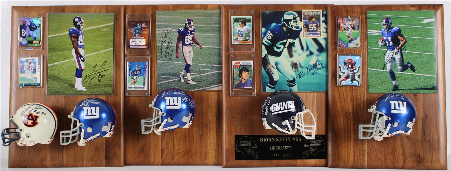 1973-2006 Brian Kelly, Tim Carter & more Signed NY Giants Mini Helmet, Photo 14x20 Plaques (Lot of 4)(JSA)