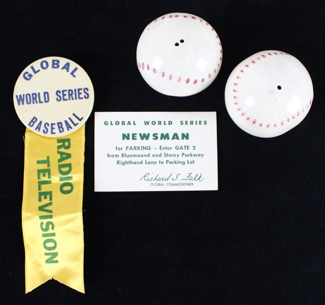 1955-56 Milwaukee County Stadium Global World Series Radio Television Pinback Ribbon & Newsman Badge + Ceramic Baseball Salt & Pepper Shakers