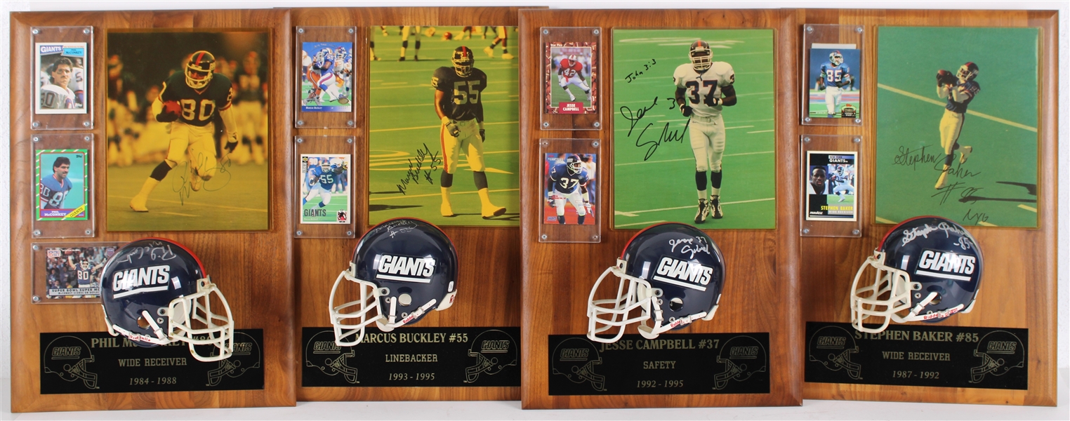 1984-1995 Stephen Baker, Marcus Buckley & more NY Giants Signed Mini Helmet, Photo 14x20 Plaques (Lot of 4)(JSA)