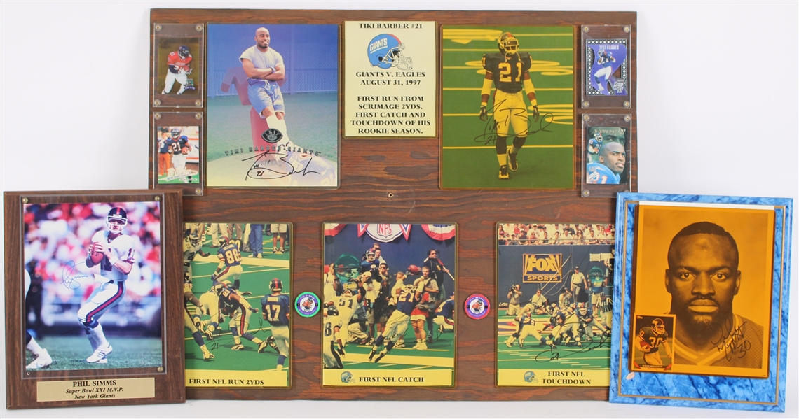 1990s New York Giants Signed Wall Display Collection - Lot of 5 w/ Phil Simms, Dave Meggett, Tiki Barber & More (JSA)