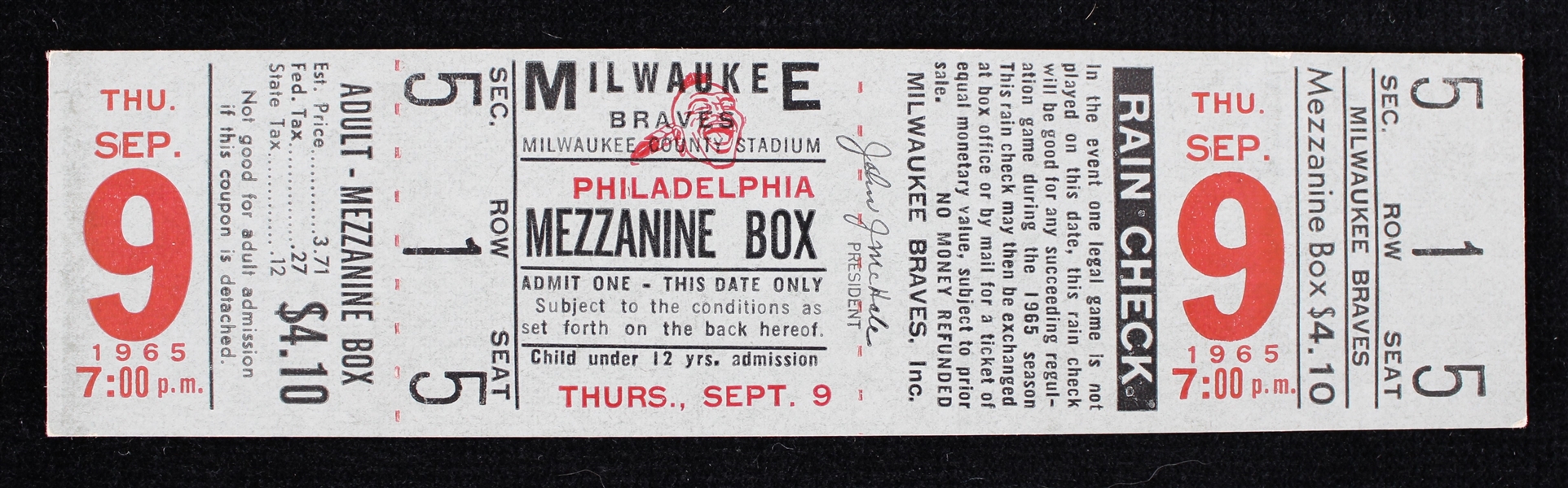 1965 Philadelphia Phillies vs Milwaukee Braves Full Ticket (Final Year as the Milwaukee Braves)