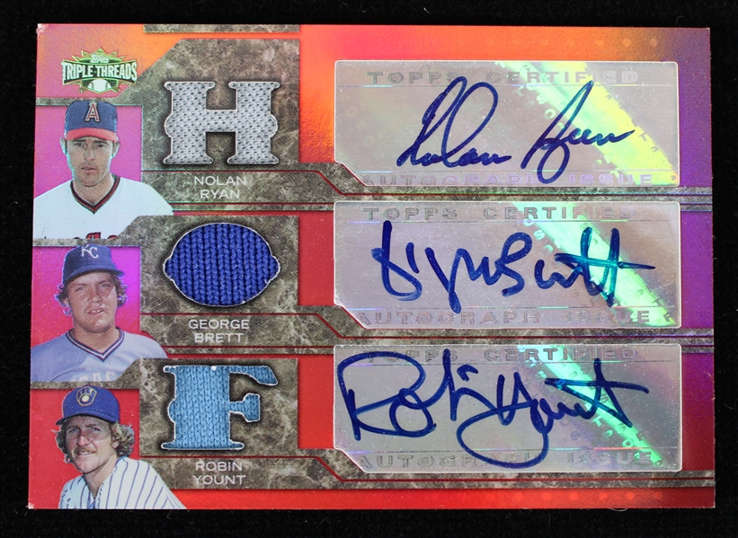 2008 Nolan Ryan George Brett Robin Yount Autographed Triple Relic Topps Trading Card TTARC-9  17/36