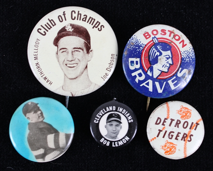 1900s-50s Baseball Pinback Button Collection - Lot of 5 w/ Boston Braves, Detroit Tigers, Bob Lemon, Joe Dobson Club of Champs & More