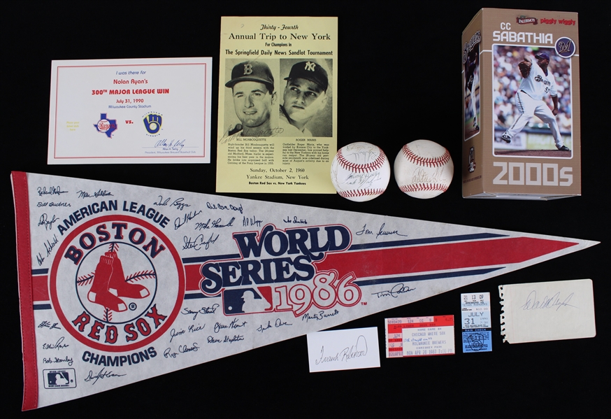 1960s-2000s Baseball Memorabilia Collection - Lot of 10 w/ Frank Robinson Signed Business Card, Carlton Fisk Signed OAL Brown Baseball, Historic Ticket Stubs & More (JSA)