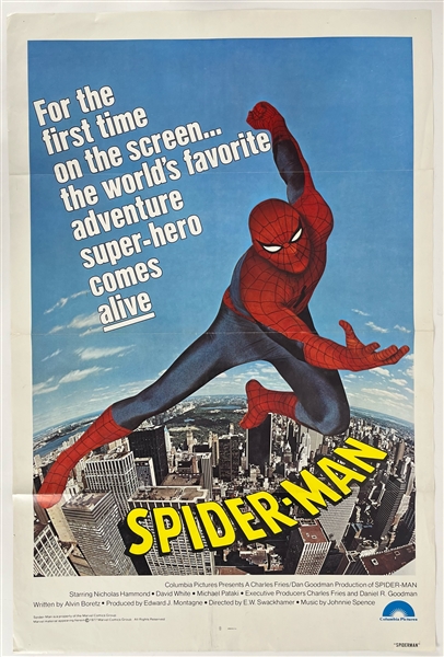 1977 Spider-Man Columbia Pictures 27x41 Onsite Original Theatre Poster "Starring Nicholas Hammond"