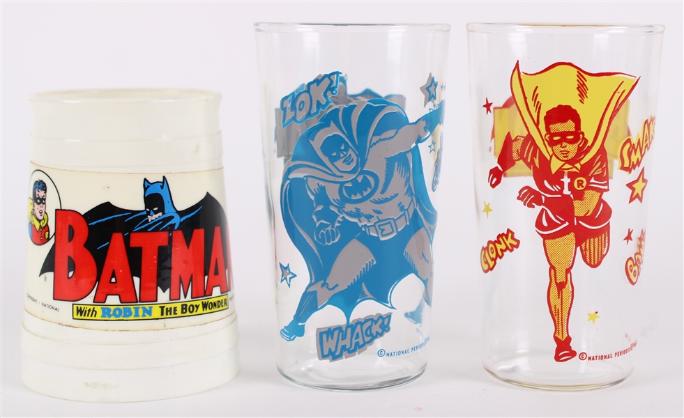 1966 Batman With Robin Boy Wonder Drinkware Collection - Lot of 3 w/ 2 Glasses & 1 Mug