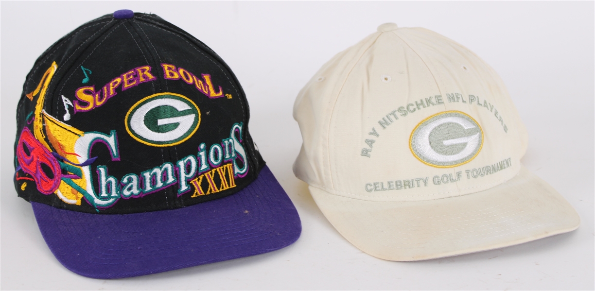 1990s Ray Nitschke Estate Green Bay Packers Caps - Lot of 2 w/ Super Bowl XXXI Champions & Nitschke Golf Tournament