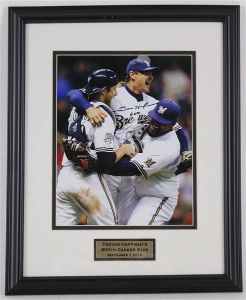 2010 Trevor Hoffman Milwaukee Brewers Signed 13x17 Framed 600th Career Save Photo (JSA) 