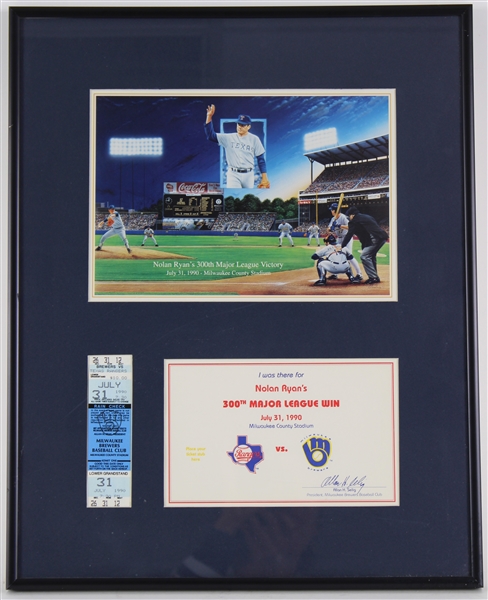 1990 Nolan Ryan Texas Rangers 16x21 Framed 300th Major League Victory w/ Ticket & Certificate 