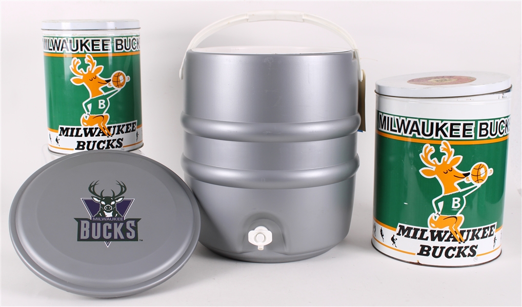 1980s-90s Milwaukee Bucks 13" Popcorn Tins w/ Water Cooler (Lot of 3)