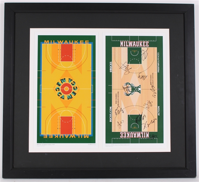 2013-14 Milwaukee Bucks Multi Signed 25" x 27" Framed Fiserv Fourm & MECCA Court Designs w/ Giannis Antetokounmpo Rookie Era Signature & More (JSA)