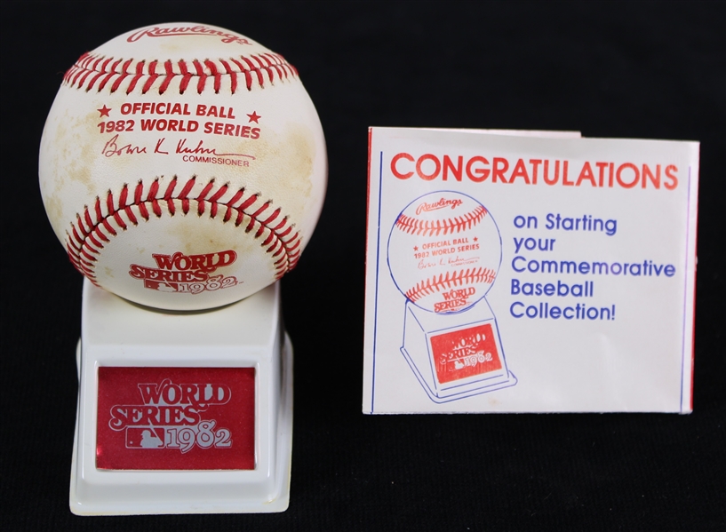 1982 St. Louis Cardinals Milwaukee Brewers Official World Series Bowie Kuhn Baseball w/ Display Stand & Rawlings Order Form