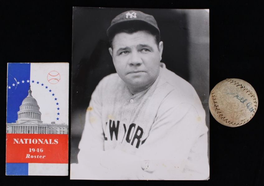 1940s Baseball Memorabilia Collection - Lot of 3 w/ Babe Ruth Photo, Mel Ott Stamped Mini Baseball & Washington Nationals Roster Book