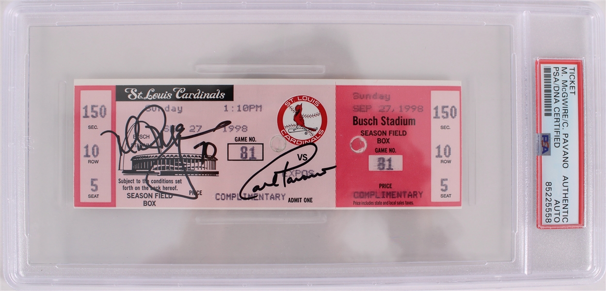 1998 Mark McGwire Carl Pavano Dual Signed 70th Home Run Game Ticket (PSA/DNA Slabbed)