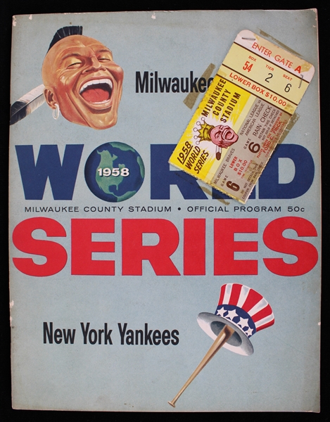 1958 New York Yankees Milwaukee Brewers World Series Game 1 Scored Program w/ Game 6 Stub Stapled to Cover