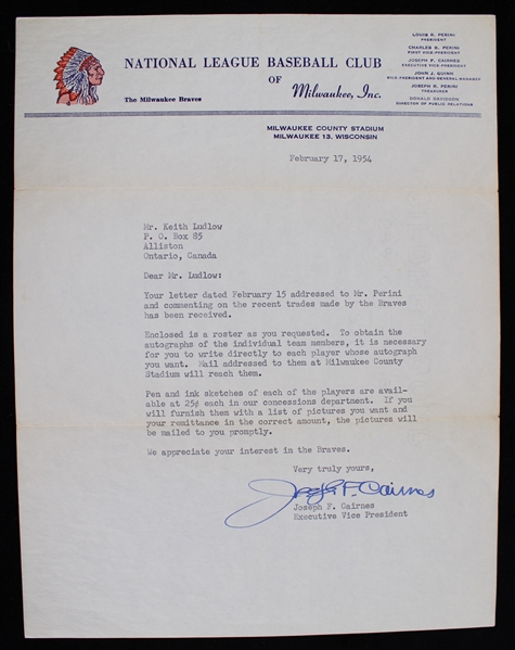 1954 Joseph Cairnes Milwaukee Braves Executive Vice President Signed Correspondence on Team Letterhead