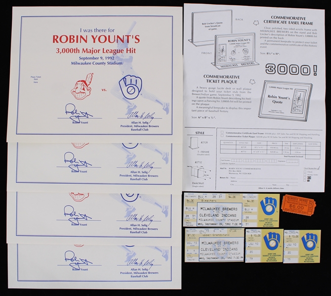 1992 Robin Yount Milwaukee Brewers 3,000th Hit Game Memorabilia Collection - Lot of 10 w/ Certificates, Ticket & Stubs